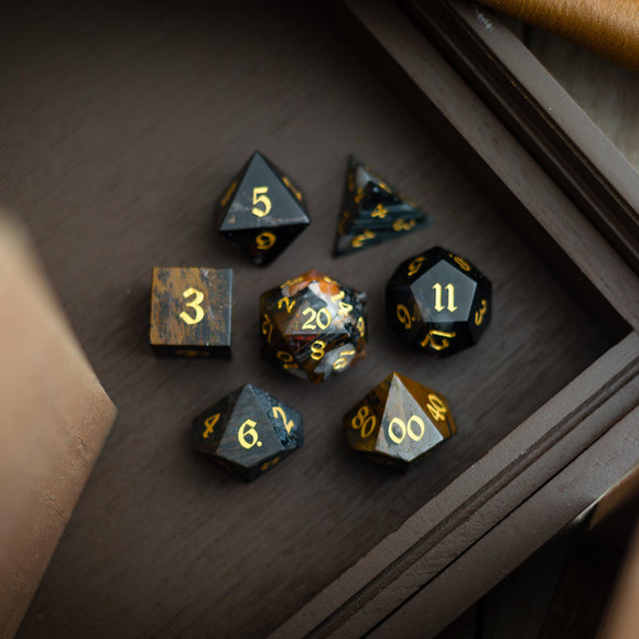 Black Gemstone Eagle Eye Hand Carved DND Dice Set - Bards & Cards