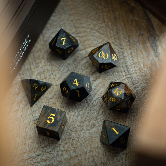 Black Gemstone Eagle Eye Hand Carved DND Dice Set - Bards & Cards