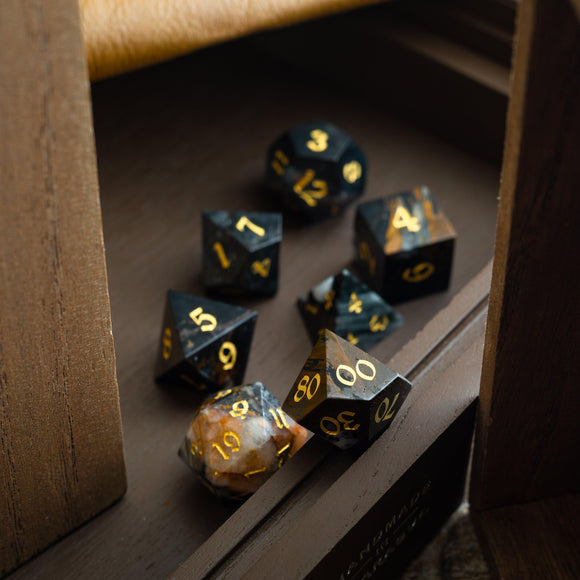 Black Gemstone Eagle Eye Hand Carved DND Dice Set - Bards & Cards
