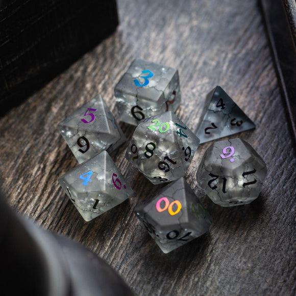 Black Inked Lightning Cracked Glass DND Dice Set - Bards & Cards