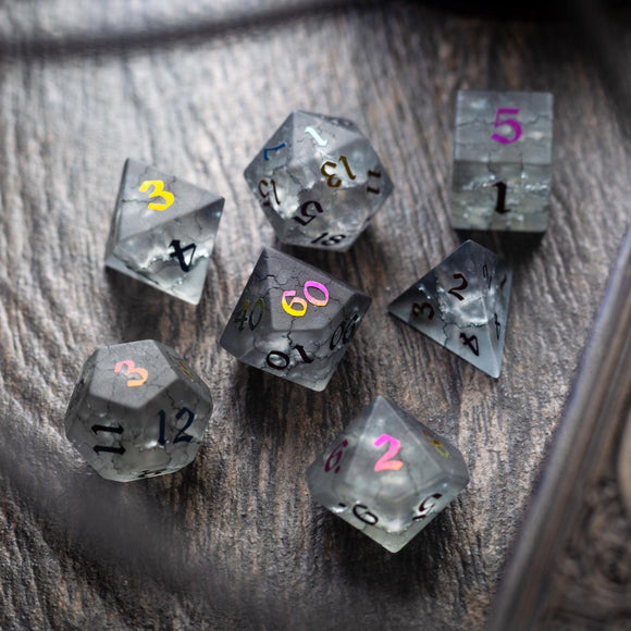 Black Inked Lightning Cracked Glass DND Dice Set - Bards & Cards