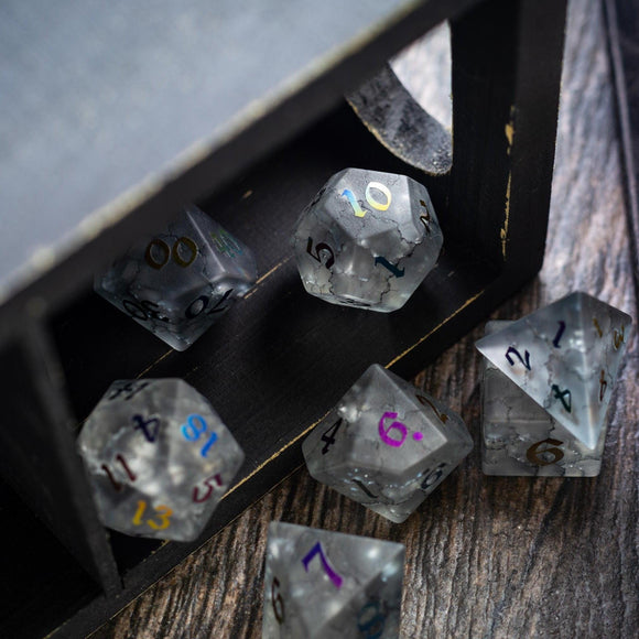 Black Inked Lightning Cracked Glass DND Dice Set - Bards & Cards