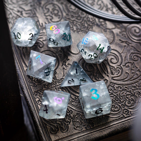 Black Inked Lightning Cracked Glass DND Dice Set - Bards & Cards