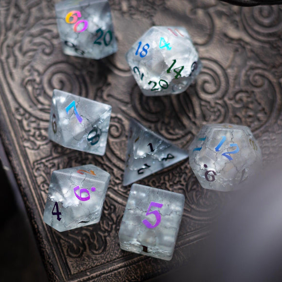 Black Inked Lightning Cracked Glass DND Dice Set - Bards & Cards