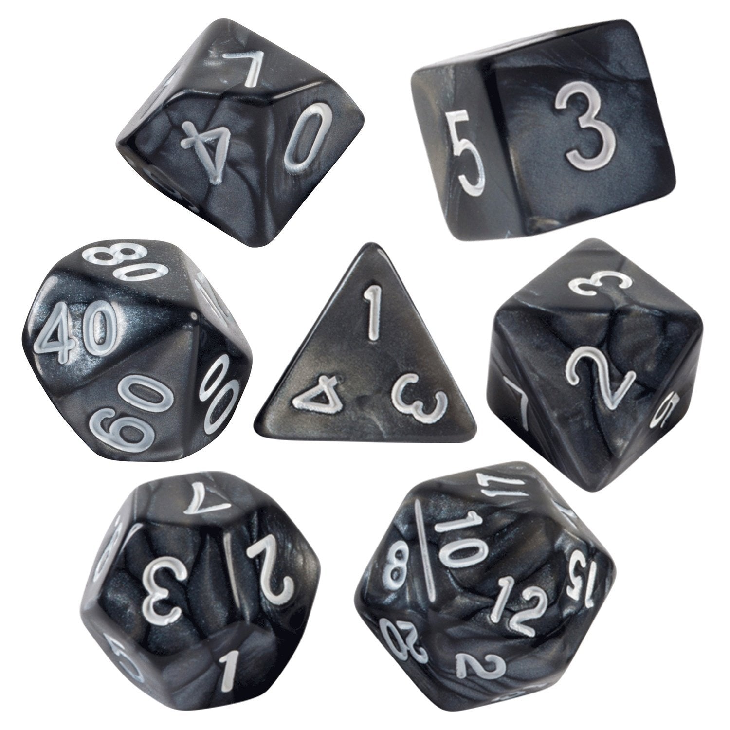 Black Marbled Dice - 7 Piece Set - Bards & Cards