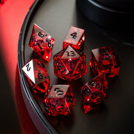 Blood Red Glitter Liquid Core Handmade Resin DND Dice Set - Bards & Cards