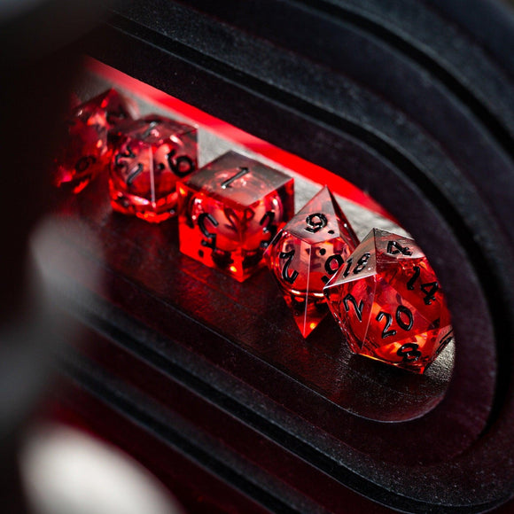 Blood Red Glitter Liquid Core Handmade Resin DND Dice Set - Bards & Cards