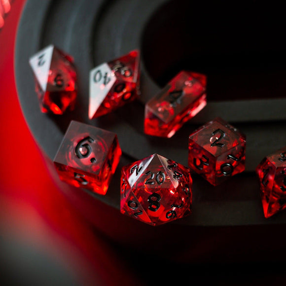 Blood Red Glitter Liquid Core Handmade Resin DND Dice Set - Bards & Cards