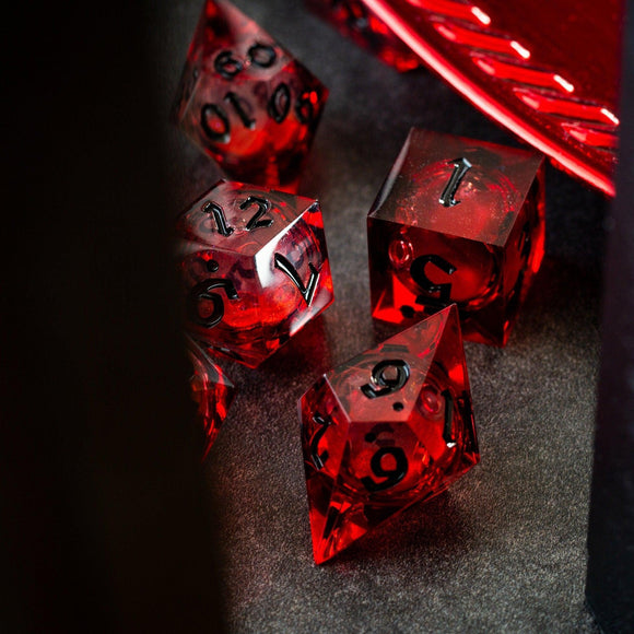 Blood Red Glitter Liquid Core Handmade Resin DND Dice Set - Bards & Cards
