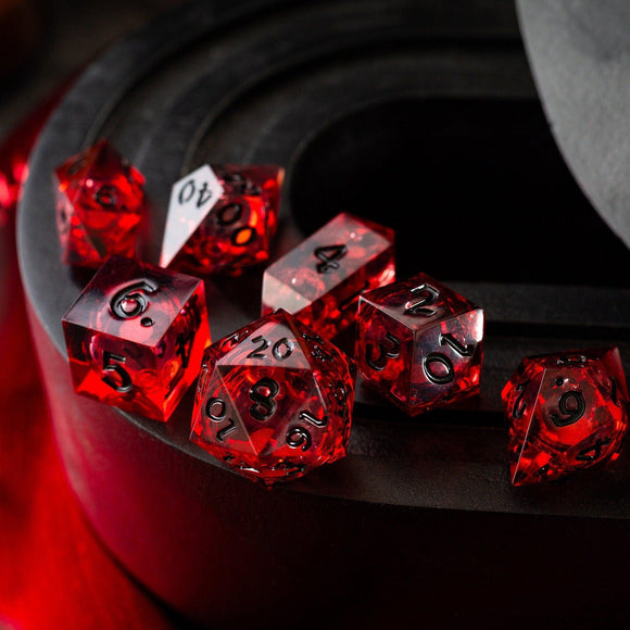Blood Red Glitter Liquid Core Handmade Resin DND Dice Set - Bards & Cards