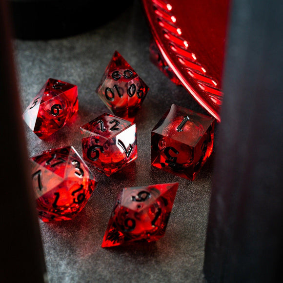Blood Red Glitter Liquid Core Handmade Resin DND Dice Set - Bards & Cards