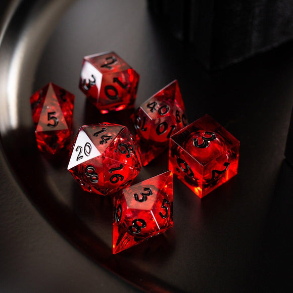 Blood Red Glitter Liquid Core Handmade Resin DND Dice Set - Bards & Cards