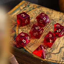Blood Red Hand Carved Zircon Glass DND Dice Set - Bards & Cards