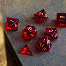 Blood Red Hand Carved Zircon Glass DND Dice Set - Bards & Cards