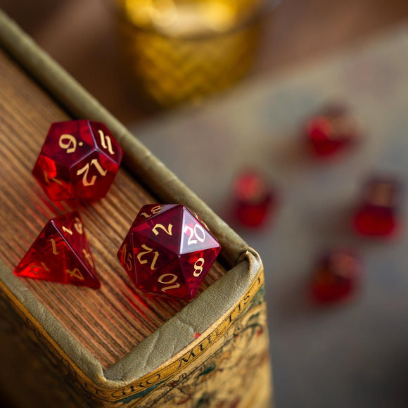 Blood Red Hand Carved Zircon Glass DND Dice Set - Bards & Cards
