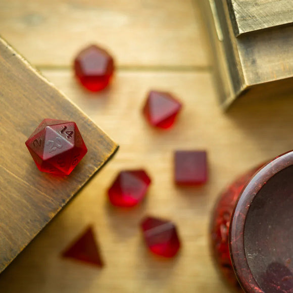 Blood Red Raised Zircon Glass Hand Carved DND Dice Set - Bards & Cards