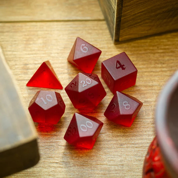 Blood Red Raised Zircon Glass Hand Carved DND Dice Set - Bards & Cards