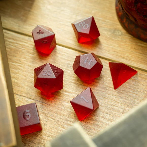 Blood Red Raised Zircon Glass Hand Carved DND Dice Set - Bards & Cards