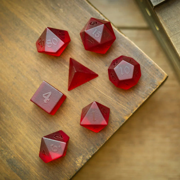 Blood Red Raised Zircon Glass Hand Carved DND Dice Set - Bards & Cards