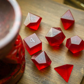 Blood Red Raised Zircon Glass Hand Carved DND Dice Set - Bards & Cards