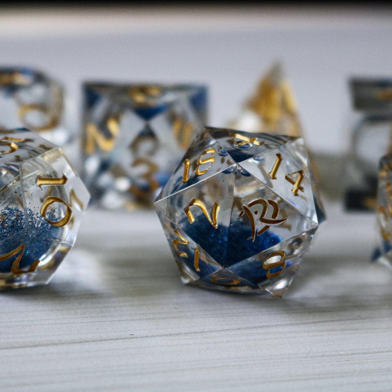 Blue Glitter Liquid Core Handmade Sharp Edge Resin DND Dice Set - 0