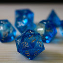 Blue Glitter Liquid Core Sharp Edge Handmade Resin DND Dice Set - Bards & Cards