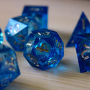 Blue Glitter Liquid Core Sharp Edge Handmade Resin DND Dice Set - Bards & Cards