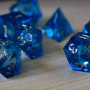 Blue Glitter Liquid Core Sharp Edge Handmade Resin DND Dice Set - Bards & Cards