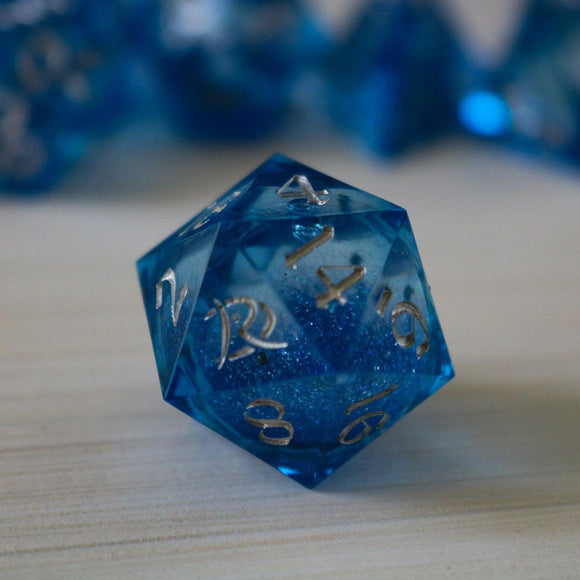 Blue Glitter Liquid Core Sharp Edge Handmade Resin DND Dice Set - Bards & Cards