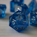 Blue Glitter Liquid Core Sharp Edge Handmade Resin DND Dice Set - Bards & Cards