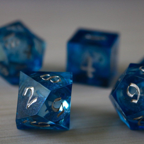 Blue Glitter Liquid Core Sharp Edge Handmade Resin DND Dice Set - Bards & Cards