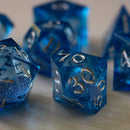Blue Glitter Liquid Core Sharp Edge Handmade Resin DND Dice Set - Bards & Cards