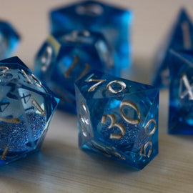 Blue Glitter Liquid Core Sharp Edge Handmade Resin DND Dice Set - Bards & Cards