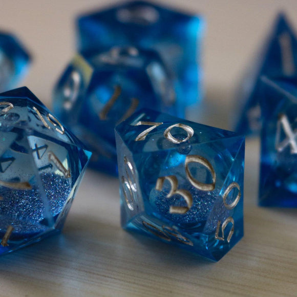 Blue Glitter Liquid Core Sharp Edge Handmade Resin DND Dice Set - Bards & Cards