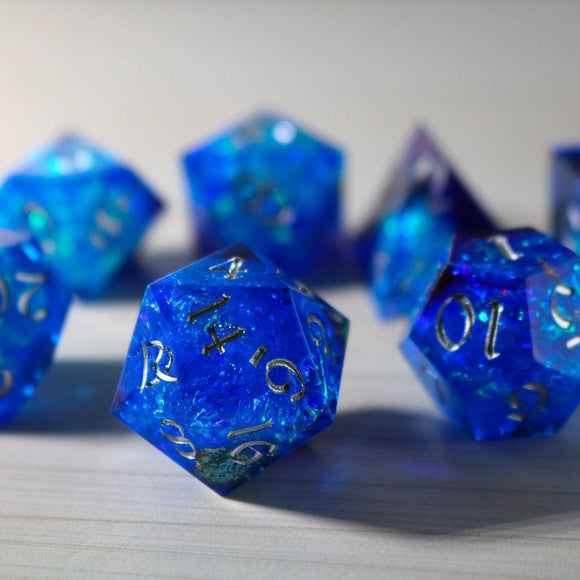 Blue Handmade Sharp Edge Resin DND Dice Set - Bards & Cards