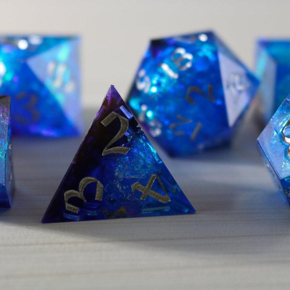 Blue Handmade Sharp Edge Resin DND Dice Set - Bards & Cards