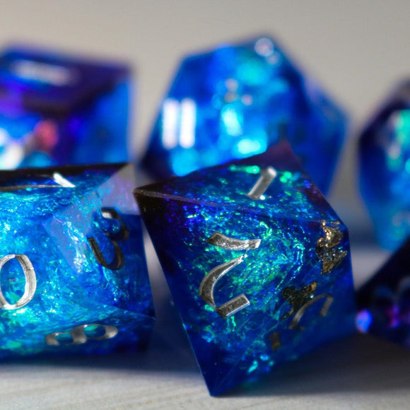 Blue Handmade Sharp Edge Resin DND Dice Set - Bards & Cards