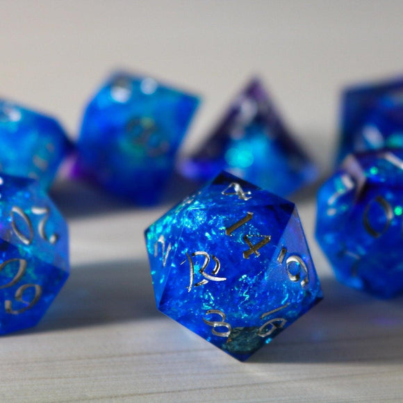 Blue Handmade Sharp Edge Resin DND Dice Set - Bards & Cards