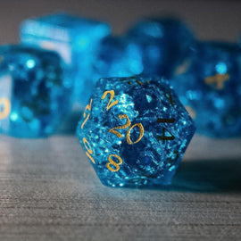 Blue Lightning Glass Cracked Glass DND Dice Set - Bards & Cards