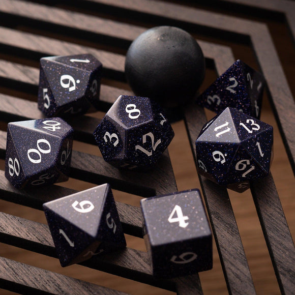 Blue Sandstone Silver Font Gemstone DND Dice Set - Bards & Cards