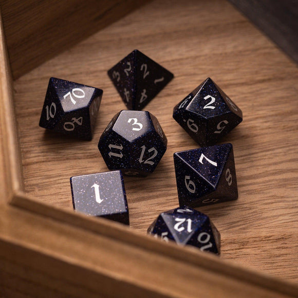Blue Sandstone Silver Font Gemstone DND Dice Set - Bards & Cards