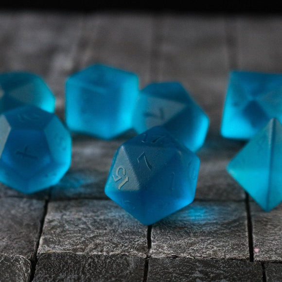 Blue Zircon Hand Carved Glass DND Dice Set - Bards & Cards