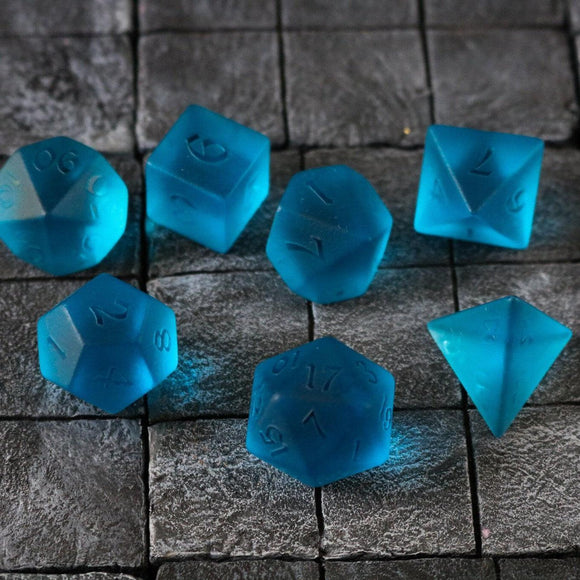 Blue Zircon Hand Carved Glass DND Dice Set - Bards & Cards