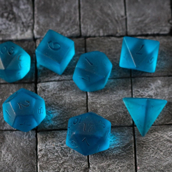 Blue Zircon Hand Carved Glass DND Dice Set - Bards & Cards