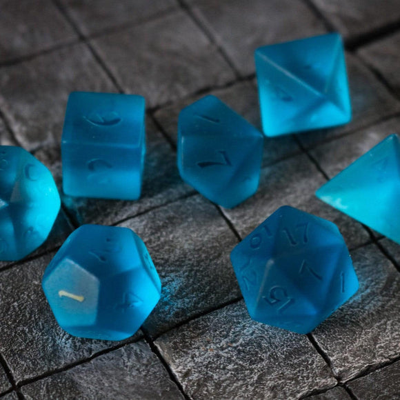 Blue Zircon Hand Carved Glass DND Dice Set - Bards & Cards
