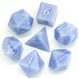Blue Agate - Gemstone Engraved with Silver RPG Dice Set - Bards & Cards