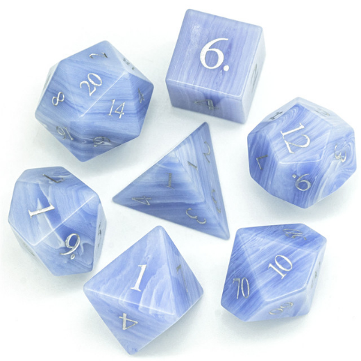 Blue Agate - Gemstone Engraved with Silver RPG Dice Set