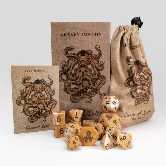 Kraken Dice Caramel Latte 14pc Matte Dice Set Inked in Brown - Bards & Cards