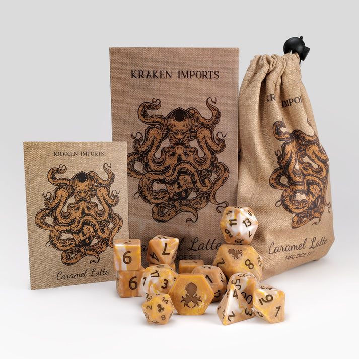 Kraken Dice Caramel Latte 14pc Matte Dice Set Inked in Brown - 0