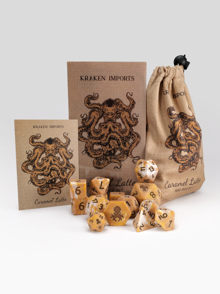 Kraken Dice Caramel Latte 14pc Matte Dice Set Inked in Brown